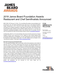 2018 James Beard Foundation Awards Restaurant and Chef Semifinalists Announced
