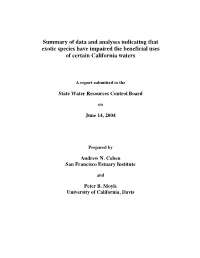 Summary of Data and Analyses Indicating That Exotic Species Have Impaired the Beneficial Uses of Certain California Waters