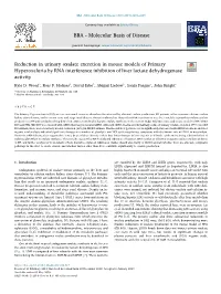 Reduction in Urinary Oxalate Excretion in Mouse Models of Primary Hyperoxaluria by RNA Interference Inhibition of Liver Lactate Dehydrogenase T Activity