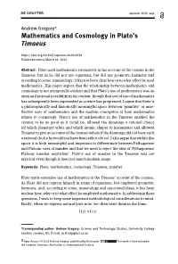Mathematics and Cosmology in Plato's Timaeus