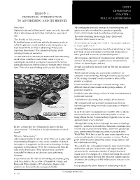 Unit I Advertising Chapter1: Role of Advertising Lesson 1: Definition, Introduction to Advertising and Its History