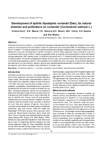 Development of Aphids Hyadaphis Coriandri (Das), Its Natural Enemies and Pollinators on Coriander (Coriandrum Sativum L.) Krishna Kant*, S.R
