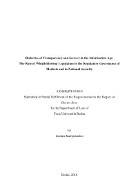 The Role of Whistleblowing Legislation in the Regulatory Governance of Markets and in National Security