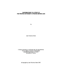 Contributions to a Study of the Printed Dictionary in France Before 1539