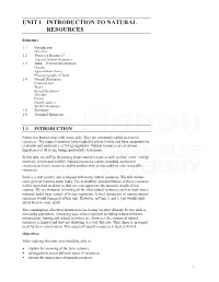 UNIT 1 INTRODUCTION to NATURAL Resources RESOURCES