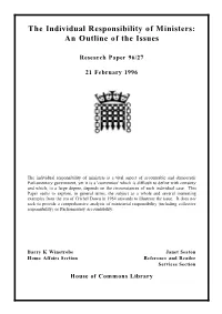Individual Responsibility of Ministers: an Outline of the Issues