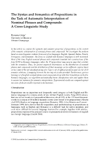 The Syntax and Semantics of Prepositions in the Task of Automatic Interpretation of Nominal Phrases and Compounds: a Cross-Linguistic Study