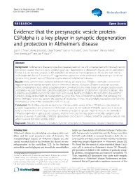 Evidence That the Presynaptic Vesicle Protein Cspalpha Is a Key Player in Synaptic Degeneration and Protection in Alzheimer's