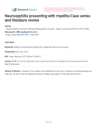 Neurosyphilis Presenting with Myelitis-Case Series and Literature Review