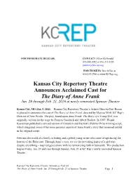Kansas City Repertory Theatre Announces Acclaimed Cast for the Diary of Anne Frank Jan