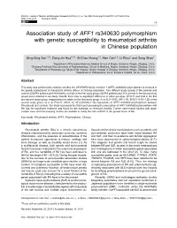 Association Study of AFF1 Rs340630 Polymorphism with Genetic Susceptibility to Rheumatoid Arthritis in Chinese Population