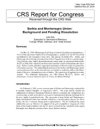Serbia and Montenegro Union: Background and Pending Dissolution