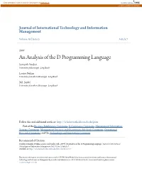 An Analysis of the D Programming Language Sumanth Yenduri University of Mississippi- Long Beach