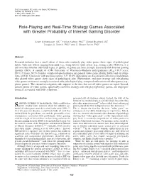 Role-Playing and Real-Time Strategy Games Associated with Greater Probability of Internet Gaming Disorder