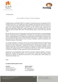 19 October 2011 ESTABLISHMENT of BOARD of EVOLUTION MINING Catalpa Resources Limited (ASX: CAH) ("The Company") Is