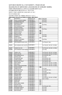 Mbbs) Third Professional Annual Examination 2016 Examination Held in Oct - Nov 2016 Result Declared on January 05, 2017 Max Marks: 800 Notification No