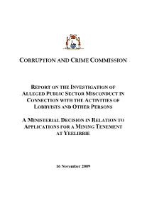 Report on the Investigation of Alleged Public Sector Misconduct in Connection with the Activities of Lobbyists and Other Persons