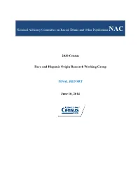 2020 Census: Race and Hispanic Origin Research Working Group