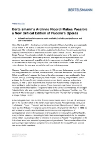 Bertelsmann's Archivio Ricordi Makes Possible a New Critical Edition Of