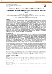 Nutritional Profile of Three Different Mushroom Varieties Consumed in Amaifeke, Orlu Local Government Area, Imo State, Nigeria