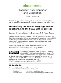 Introducing the Sylheti Language and Its Speakers, and the SOAS Sylheti Project
