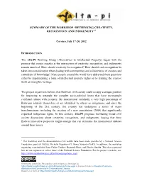 Summary of the Workshop “Rethinking Creativity, Recognition and Indigeneity”1