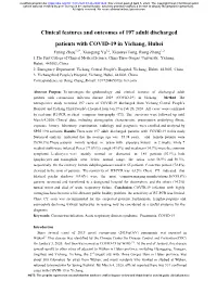 Clinical Features and Outcomes of 197 Adult Discharged Patients with COVID-19 in Yichang, Hubei Fating Zhou1,2*, Xiaogang Yu1,2, Xiaowei Tong, Rong Zhang1,2 1