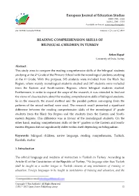 Reading Comprehension Skills of Bilingual Children in Turkey