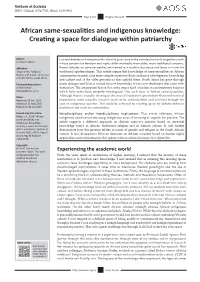 African Same-Sexualities and Indigenous Knowledge: Creating a Space for Dialogue Within Patriarchy
