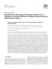 Identification of Macrophage Polarization-Related Genes As Biomarkers of Chronic Obstructive Pulmonary Disease Based on Bioinformatics Analyses