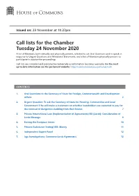 Call Lists for the Chamber Tuesday 24 November 2020