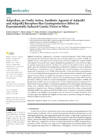 Adiporon, an Orally Active, Synthetic Agonist of Adipor1 and Adipor2 Receptors Has Gastroprotective Effect in Experimentally Induced Gastric Ulcers in Mice