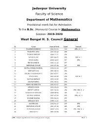 Jadavpur University Faculty of Science Department of Mathematics Provisional Merit List for Admission to the B.Sc
