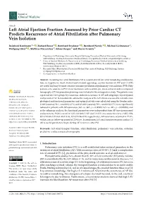 Left Atrial Ejection Fraction Assessed by Prior Cardiac CT Predicts Recurrence of Atrial Fibrillation After Pulmonary Vein Isolation