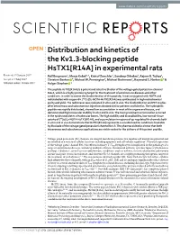 Distribution and Kinetics of the Kv1.3-Blocking Peptide Hstx1[R14A]
