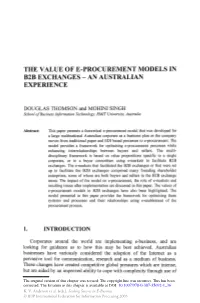 The Value of E-Procurement Models in B2b Exchanges - an Australian Experience