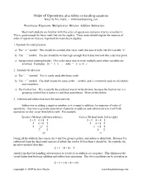Order of Operations, Plus Tidbits on Handling Equations Notes by Eric Hoyle –