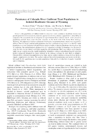 Persistence of Colorado River Cutthroat Trout Populations in Isolated Headwater Streams of Wyoming