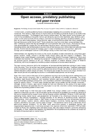 Open Access, Predatory Publishing and Peer-Review