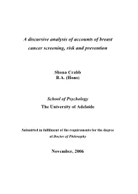 A Discursive Analysis of Accounts of Breast Cancer Screening, Risk and Prevention