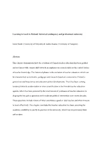 Learning to Teach in Finland: Historical Contingency and Professional Autonomy