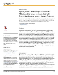 Synonymous Codon Usage Bias in Plant Mitochondrial Genes Is Associated with Intron Number and Mirrors Species Evolution