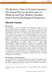 The Heuristic Value of German Literature: the Eternal Plea for the Relevance of Medieval and Early Modern Literature from a Practical/Pedagogical Perspective