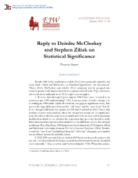Reply to Deirdre Mccloskey and Stephen Ziliak on Statistical Significance