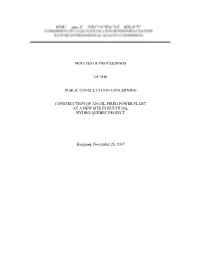 Minutes of Proceedings of the Public Consultation 2 Oil-Fired Power Plant Project in Kuujjuaq by Hydro-Québec KEQC