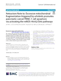 Excessive Mitochondrial Fragmentation Triggered by Erlotinib