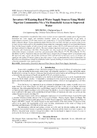 Inventory of Existing Rural Water Supply Sources Using Model Nigerian Communities Vis a Vis Household Access to Improved Water