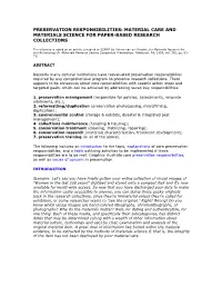 Preservation Responsibilities: Material Care and Materials Science for Paper-Based Research Collections
