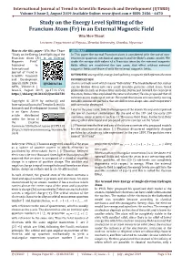 Study on the Energy Level Splitting of the Francium Atom (Fr) in an External Magnetic Field