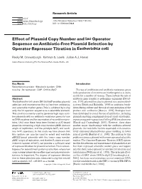 Effect of Plasmid Copy Number and Lac Operator Sequence on Antibiotic-Free Plasmid Selection by Operator-Repressor Titration in Escherichia Coli
